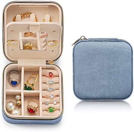ilycase Velvet Jewelry Box,Travel jewelry Box organizer,Earring Organizer with Mirror,Jewelry Travel Case,travel jewelry box (Blue)