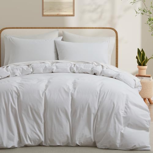 LOVQUE 100% Washed Cotton Duvet Cover Queen Size, White Linen Like Breathable Natural Bedding Set (No Comforter), 90x90 Inches
