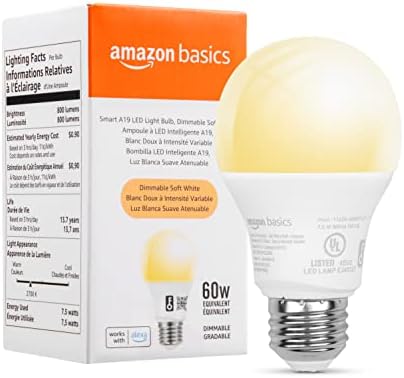 Amazon Basics Smart 7.5 Watt A19 Dimmable LED Light Bulb, 2700 K, Soft White, 2.4 GHz Wi-Fi, 60W Equivalent 800LM, Works with Alexa Only, 1-Pack