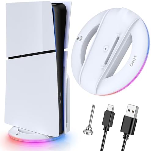 Auarte 2023 LED Vertical Stand for PS5 Slim Console Disc and Digital with 14 Light Mode, RGB Base Stand Replacement for Playstation 5 Slim Console with Screw ＆ USB Cable, White