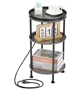 Small Round End Table with Charging Station for Narrow and Small Space, 3-Tier Accent Couch Besid...