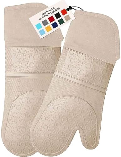HOMWE Extra Long Professional Silicone Oven Mitt, Oven Mitts with Quilted Liner, Heat Resistant Pot Holders, Flexible Oven Gloves, 1 Pair (Beige, 14.7 inch)