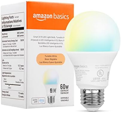 Amazon Basics Smart A19 LED Light Bulb, 2.4 GHz Wi-Fi, 7.5W (60W Equivalent) 800LM, 2200K - 6500K, Works with Alexa Only, 1-Pack, Tunable White