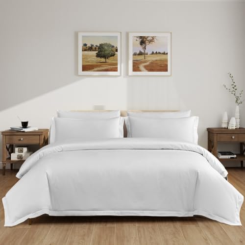 ACCURATEX Duvet Cover Set Queen Size White, 400TC Long Staple Cotton, Sateen Weave Percale Luxe Comforter Cover with Zipper Closure&Corner Ties, 3 Pcs Hotel Duvet Cover with Pillow Shams