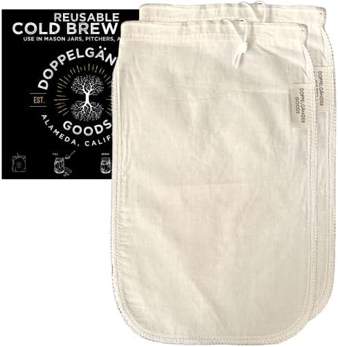 (2-Pack, Medium 8in x 12in) Organic Cotton Cold Brew Coffee Bag - Designed in California - Reusable Coffee Filter with EasyOpen Drawstring Cold Brew Maker for Pitchers, Mason Jars, & Toddy Systems