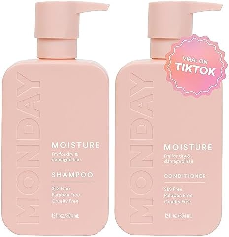 MONDAY HAIRCARE Moisture Shampoo + Conditioner Set for Dry, Coarse, Stressed, Coily & Curly Hair, Made from Coconut Oil, Rice Protein, Shea Butter, & Vitamin E, All-Natural, 12 Fl Oz (Pack of 2)