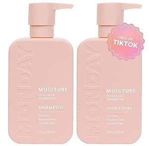 MONDAY HAIRCARE Moisture Shampoo + Conditioner Set for Dry, Coarse, Stressed, Coily &amp; Curly Hair, Made from Coconut Oil, Rice Protein, Shea Butter, &amp; Vitamin E, All-Natural, 12 Fl Oz (Pack of 2)