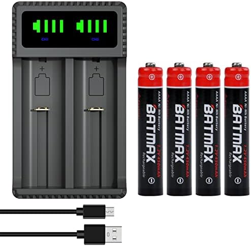 Batmax 4X AAAA Ni-MH Rechargeable Batteries + LED Dual USB Charger with Type C Port for Surface Pen Active Stylus and More; A, AA,AAA,AAAA, N Size, C Size Batteries;