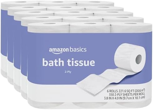 Amazon Basics 2-Ply Toilet Paper, 30 Rolls = 120 Regular Rolls, Unscented, 350 Sheet, (Pack of 30)
