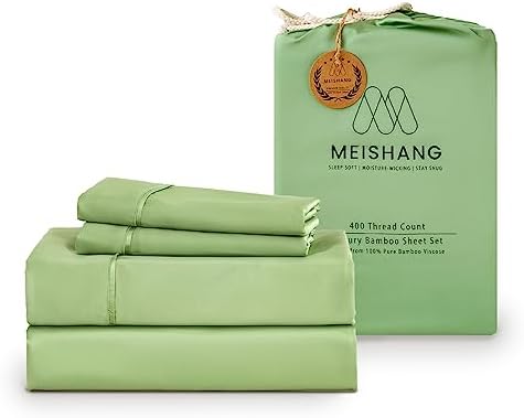 MEISHANG Bamboo Viscose Sheet Set Queen Size - 100% Pure Organic Viscose - 400TC Bamboo Viscose Cooling Bed Sheets Set - Fit 16 Inch Deep Pocket - 4 Piece Set Silky Soft Luxury - Queen, Green