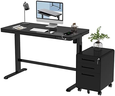 FLEXISPOT Comhar Electric Standing Desk with Black Cabinet, 48" Height Adjustable Quick Install Home Office Table with Storage Drawer Charging USB Port (Black Top + Black Frame)