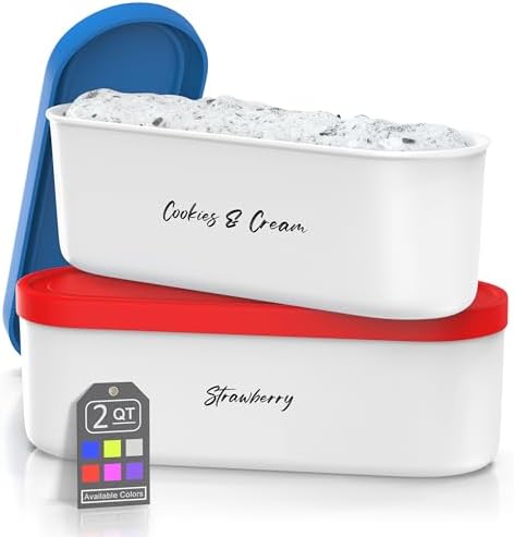 Ice Cream Containers - 2 Quart Ea. (Set of 2) - Premium Reusable Freezer Storage for Homemade Ice Cream Tub for Sorbet, Frozen Yogurt - Flexible Silicone Lids, Long Scoop, Stackable - Blue & Red