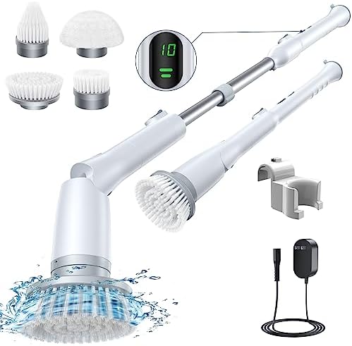 LABIGO Electric Spin Scrubber LA2 Pro, Shower Power Cleaning Brush with Display and 4 Replaceable Heads,2 Adjustable speeds, 3 Extension Handle, for Bathroom Floor Tile