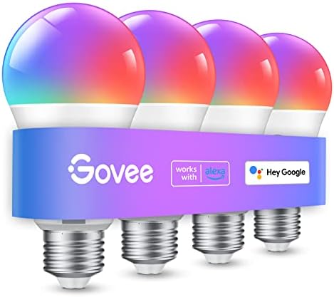 Govee Smart Light Bulbs, Color Changing Light Bulb, Work with Alexa and Google Assistant, 16 Million Colors RGBWW, WiFi & Bluetooth LED Light Bulbs, Music Sync, A19, 800 Lumens, 4 Pack
