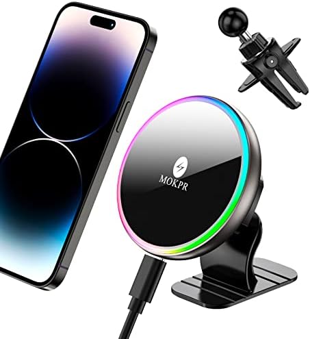 MOKPR for Magsafe Car Mount Charger-15W Wireless Car Charger-Magnetic Car Phone Holder for Dash Air Vent-LED RGB HandsFree Car Mount Fast Car Charger for iPhone 15/14/13/12 Series