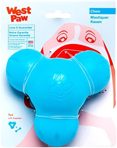 West Paw Zogoflex Tux Treat Dispensing Dog Chew Toy – Interactive Chewing Toy for Dogs – Dog Enrichment Toy – Dog Games for Aggressive Chewers, Fetch, Catch – Holds Kibble, Treats, Small 4", Aqua Blue