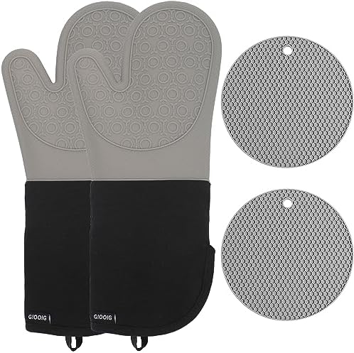 GIOOIG Extra Long Silicone Oven Mitts and Pot Holders, 15”Oven Mitts Heat Resistant 500F, Oven Mits with Quilted Liner Non-Slip Textured Grip, Perfect for BBQ, Baking, Cooking, Grilling (Grey & Black)