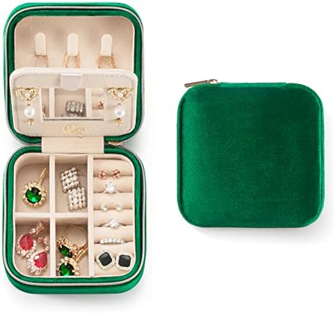 Plush Velvet Travel Jewelry Case, Travel Jewelry Organizer, Jewelry Travel Case, Travel Jewelry Box, Small Jewelry Case for Women,Jewelry Travel Box, Earring Organizer with Mirror - Emerald Green