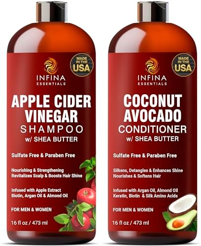 Apple Cider Vinegar Shampoo and Conditioner Set Sulfate Free - Itchy Scalp Shampoo w/Moisturizing Coconut Avocado Conditioner - Restores Hair Shine, Reduces Frizz - For Men and Women, 16 fl oz Each