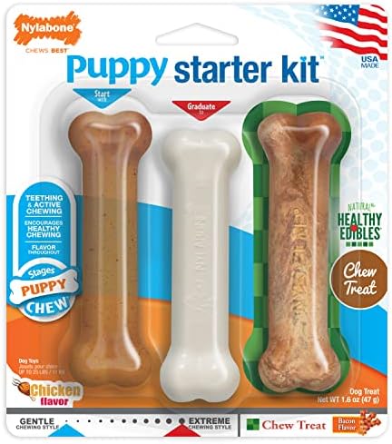 Nylabone Puppy Chew Toy & Treat Starter Pack - Puppy Chew Toys for Teething - Long Lasting Puppy Chew Treat - Puppy Supplies - Chicken & Bacon Flavor, Small, 3 Count (Pack of 1)