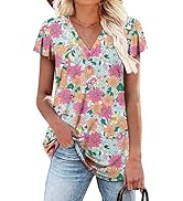 ROSELINLIN Womens Ruffle Sleeve Summer Tunic Tops V Neck Loose Fit Short Sleeve T Shirts