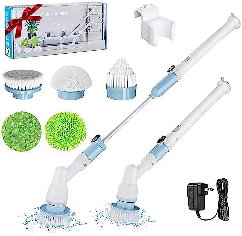 Electric Spin Scrubber, Cordless Spin Scrubber with 3 Replaceable Brush Heads and Adjustable Extension Handle, Power Cleaning Brush for Bathroom Floor Tile,White