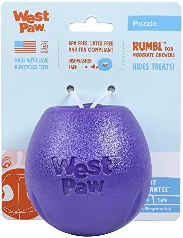 West Paw Zogoflex Rumbl Treat-Dispensing Dog Toy – Interactive Slow-Feeder Chew Toys for Dogs – Dog Enrichment Toy – Dog Toy for Moderate Chewers, Fetch, Catch – Holds Kibble, Treats (Eggplant, Small)