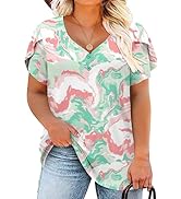 ROSELINLIN Womens Plus Size Petal Sleeve Tunic Top Short Sleeve T Shirts V Neck Floral Summer Top