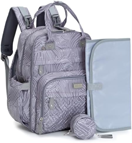 BabbleRoo Diaper Bag Backpack - Baby Essentials, Travel Essentials Baby Bag with Changing Pad, Stroller Straps & Pacifier Case - Unisex, Gray Swirls