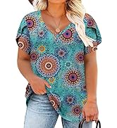 ROSELINLIN Womens Plus Size Petal Sleeve Tunic Top Short Sleeve T Shirts V Neck Floral Summer Top