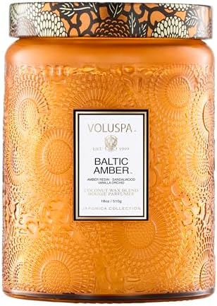 Voluspa Baltic Amber Candle | Large Glass Jar | 18 Oz | 100 Hour Burn Time | All Natural Wicks and Coconut Wax for Clean Burning | Vegan | Poured in the USA