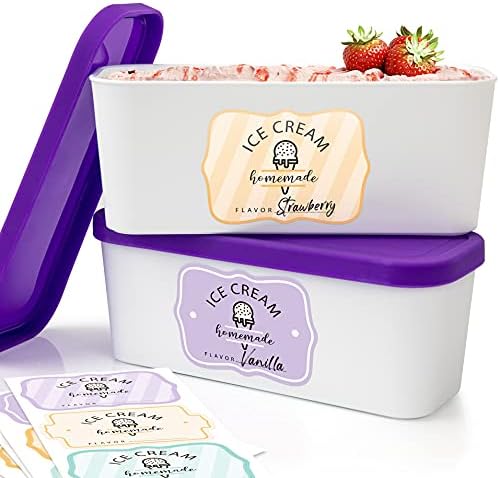 Set of 2 Reusable Ice Cream Tub Containers 1.6 Quart Ea. - Perfect for Homemade Sorbet, Frozen Yogurt Or Gelato - Stackable Storage Containers, Stickers And Lids Stores Easily In Freezer