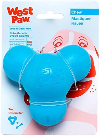 West Paw Zogoflex Tux Treat Dispensing Dog Chew Toy – Interactive Chewing Toy for Dogs – Dog Enrichment Toy – Dog Games for Aggressive Chewers, Fetch, Catch – Holds Kibble, Treats, Large 5", Aqua Blue