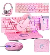 Pink Gaming Keyboard and Mouse Headset Headphones and Mouse pad, Wired LED RGB Backlight Bundle P...