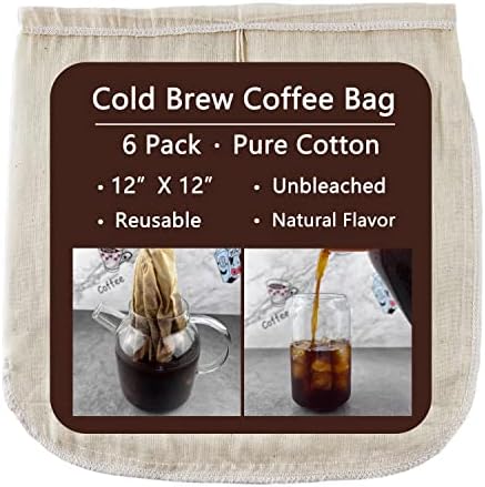 6 Pack - Pure Cotton Reusable Cold Brew Coffee Bag, 12 X 12 Inches, Round Corner Easy to Clean, Build-in Drawstring, Unbleached Pure Cotton, Eco-friendly Cold Brew Coffee Filter