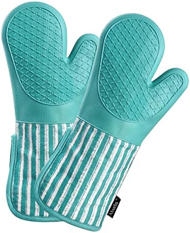 Alselo Silicone Oven Mitts Heat Resistant 932℉ with Waterproof & Non-Slip Kitchen Mittens, Set of 2 Extra Long Oven Gloves with Soft Cotton Terry Lining for Baking Cooking Barbecue