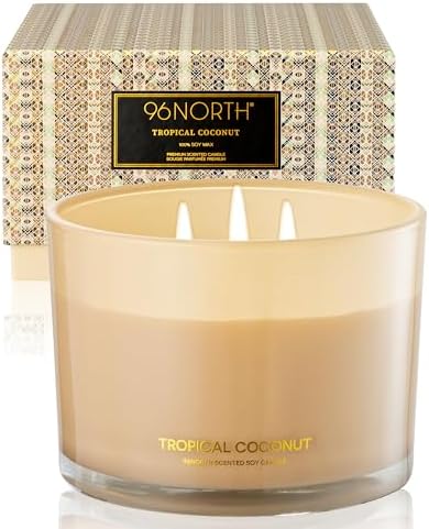 96NORTH Luxury Coconut Soy Candle | Large 3 Wick Jar Candle | Up to 40 Hours Burning Time | Tropical Beach Scented Candles for Home | 100% Natural Soy Wax | Housewarming Gift for Women and Men