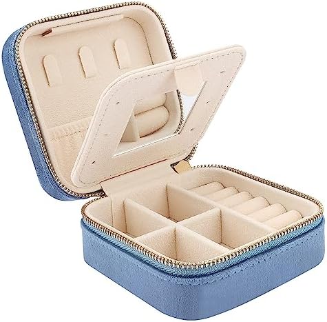 DesignSter Travel Jewelry Box - Velvet Mini Jewelry Organizer, Small Jewelry Case for Girls Women, Jewelry Storage Box for Rings Earrings Necklace (Square, Blue Fog)