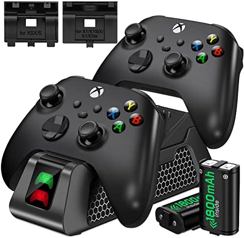 Battery Pack Compatible with Xbox One/X/S/Elite/Controller Charger, Charging Station for Xbox Series X/S Rechargeable Battery Pack 2x1800mAh & 4 Battery Cover Kit