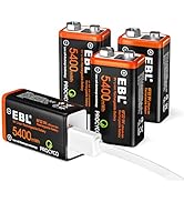 EBL USB Rechargeable 9V Lithium Batteries - 5400mWh Long Lasting LI-ion Batteries with Micro Char...