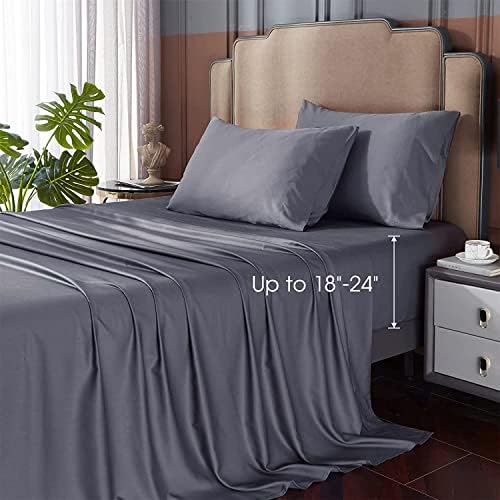 HYPREST Deep Pocket Queen Sheets,Rayon Derived from Bamboo, Grey Bed Sheets Fits 18"-24" Thick Mattress,Silky Soft Breathable Luxury Cooling Sheets, No Sweat & No Slip Bedding Sheets.