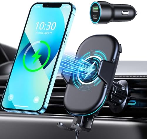 OBRFFE Wireless Car Charger Mount [QC 3.0 Car Charger Included], Max 15W Qi Fast Charging Phone Mount for Car Air Vent Compatible with iPhone 15 14 13 12 11 Pro Max/XR/XS/X, Galaxy Note 20/S24/S23/S22