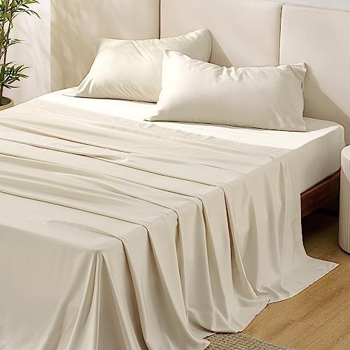 Bedsure Queen Sheets, Rayon Derived from Bamboo, Queen Cooling Sheet Set, Deep Pocket Up to 16", Breathable & Soft Bed Sheets, Hotel Luxury Silky Bedding Sheets & Pillowcases, Light Beige