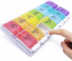 Large 7 Day Pill Organizer 2 Times a Day, MOLN HYMY AM PM Pill Box Twice Daily, 14 Dividers Vitamin Holder with Easy Push Button