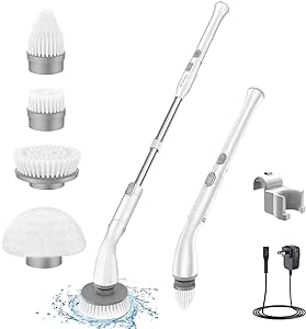 LABIGO Electric Spin Scrubber LA1 Pro, Cordless Spin Scrubber with 4 Replaceable Brush Heads and Adjustable Extension Handle, Power Cleaning Brush for Bathroom Shower Floor Tile (White)