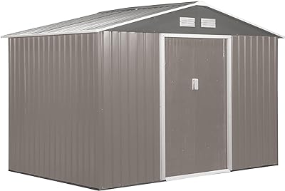 Outsunny 9' x 6' Outdoor Storage Shed, Garden Tool House with Foundation Kit, 4 Vents and 2 Easy Sliding Doors for Backyard, Patio, Garage, Lawn, Gray