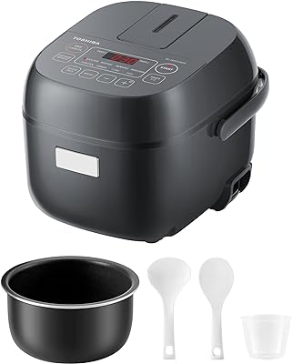 TOSHIBA Rice Cooker Small 3-Cup Uncooked– LCD Display with 8 Cooking Functions: Rice, Oatmeal, Mixed Grains and More, NonStick Inner Pot, Grey