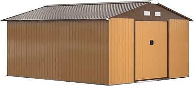 Outsunny 11' x 13' Outdoor Storage Shed, Garden Tool House with Foundation Kit, 4 Vents and 2 Easy Sliding Doors for Backyard, Patio, Garage, Lawn, Yellow