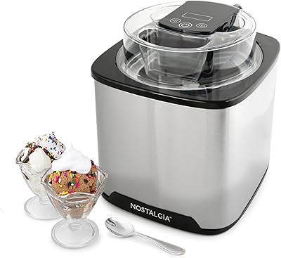 Nostalgia 2-Quart Digital Electric Ice Cream for Homemade Ice-Cream, No Salt or Ice Required, Overnight Chill Canister, Stainless Steel