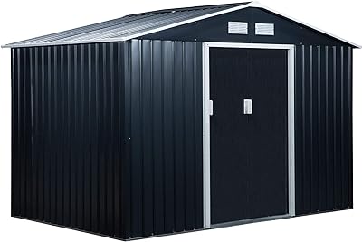 Outsunny 9' x 6' Outdoor Storage Shed, Garden Tool House with Foundation Kit, 4 Vents and 2 Easy Sliding Doors for Backyard, Patio, Garage, Lawn, Dark Gray